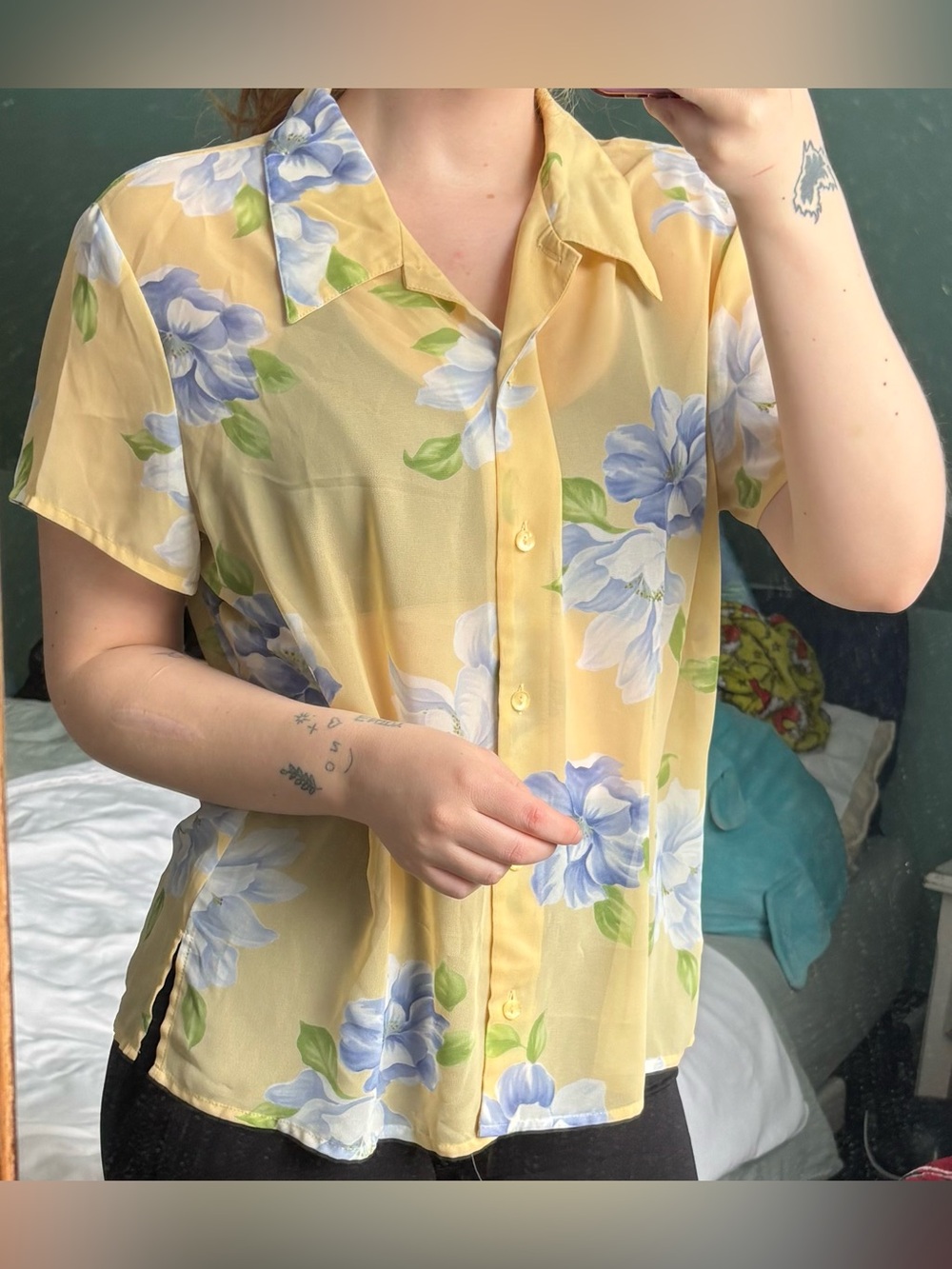 Yellow Floral Short-Sleeve Button-Down Top